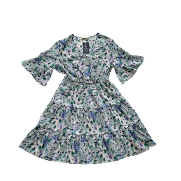 Anna-Kaci Dress Lavender Green Floral Flutter Short Sleeve Tiered Boho Small - Picture 8 of 15